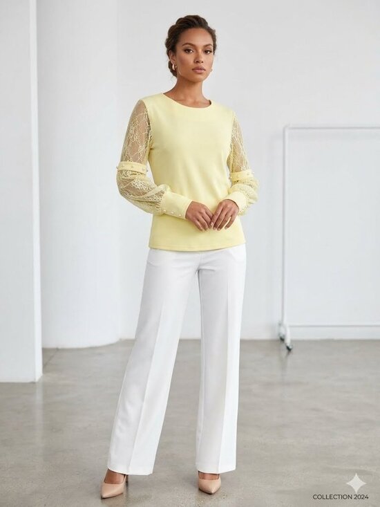 Tops - Yellow Lace Sleeve Blouse Pearl Cuff Detail Size M
